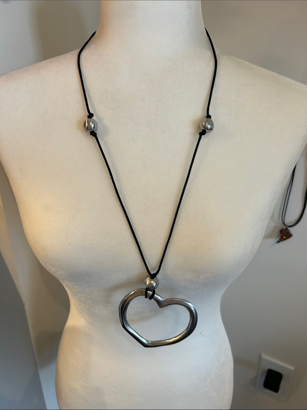 Open Heart Pendant on Black Cord Necklace - Silver Tone